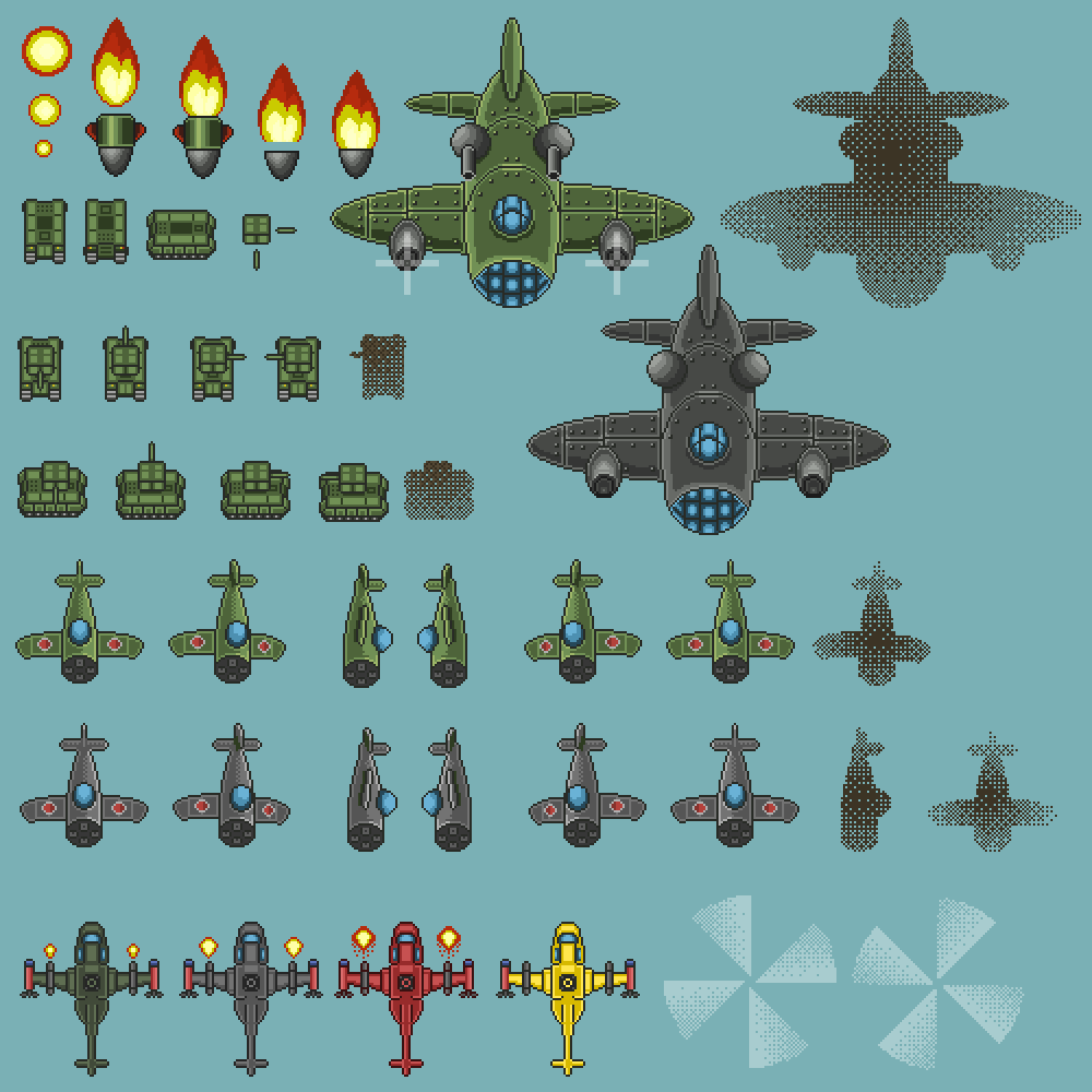 免费的完整纯手工打造复古像素飞行直升机射击游戏资产素材