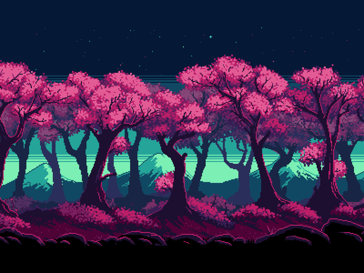 适用于横版卷轴游戏的无缝像素艺术樱花背景图片素材