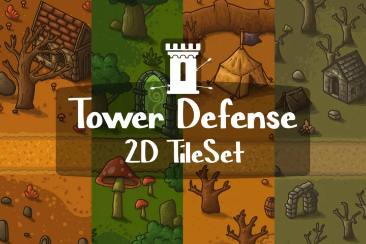 4个视觉效果丰富的2D奇幻塔防游戏关卡图块集素材