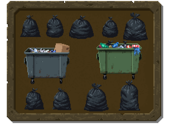 一组精美的像素垃圾桶和垃圾袋动画资产素材