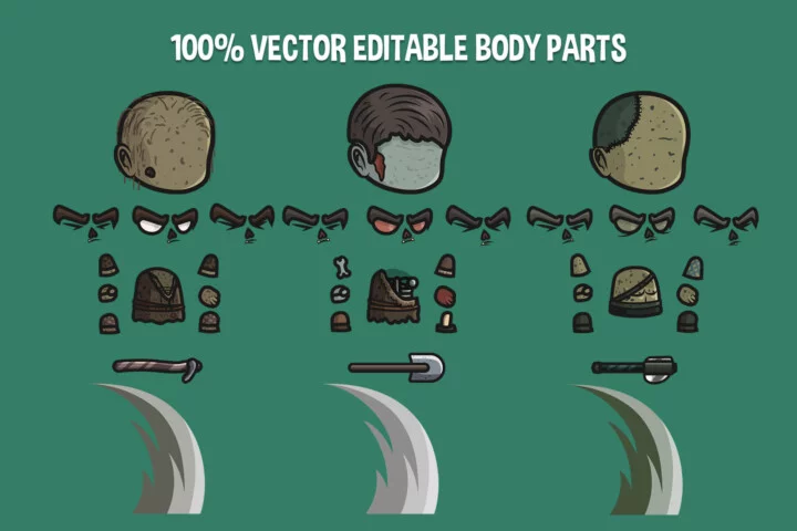 三个高质量的免费Q版卡通矢量2D僵尸村民角色动画素材