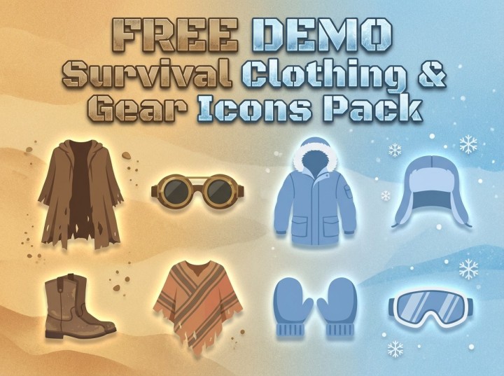 24个免费的2D沙漠和北极生存服装和装备图标素材