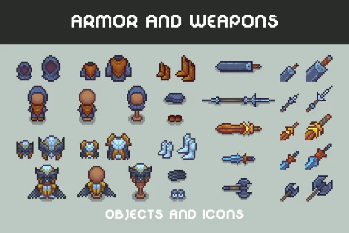 规模庞大的精美像素风装备武器和盔甲图标合集素材