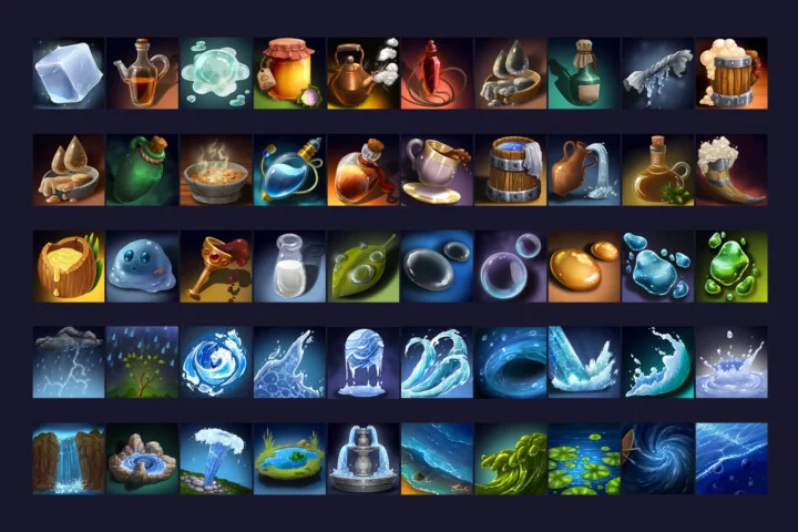 50个高清512*512的2D液体相关战利品图标素材