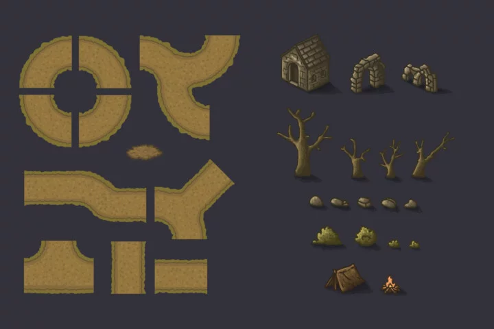 4个视觉效果丰富的2D奇幻塔防游戏关卡图块集素材