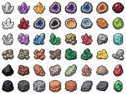 一组免费AI辅助生成的像素矿物和矿石资产素材