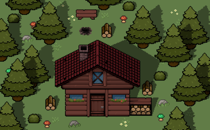 免费自上而下的像素林中小屋素材