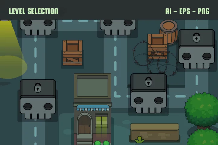 自上而下的卡通矢量2D僵尸游戏关卡地图素材