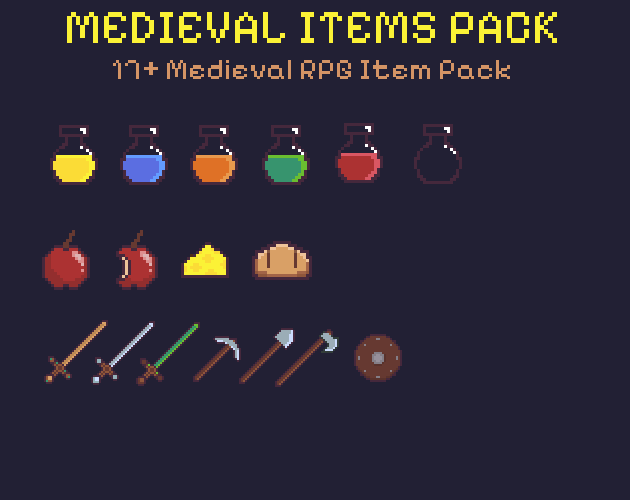 17个免费的中世纪像素采矿工具和战斗装备素材