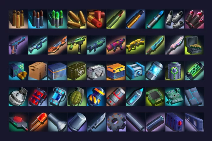 50个精美的512*512的2D赛博朋克风格武器弹药图标素材