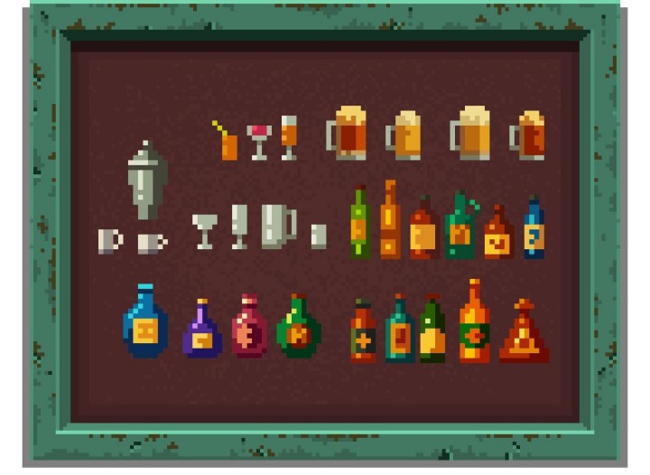 36个精美的像素艺术酒吧和咖啡馆物品素材