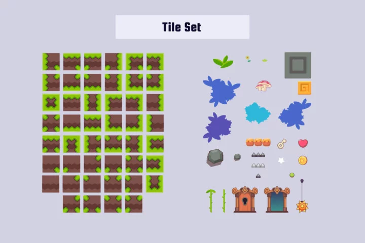 简单的卡通风格矢量2D平台游戏图块集素材