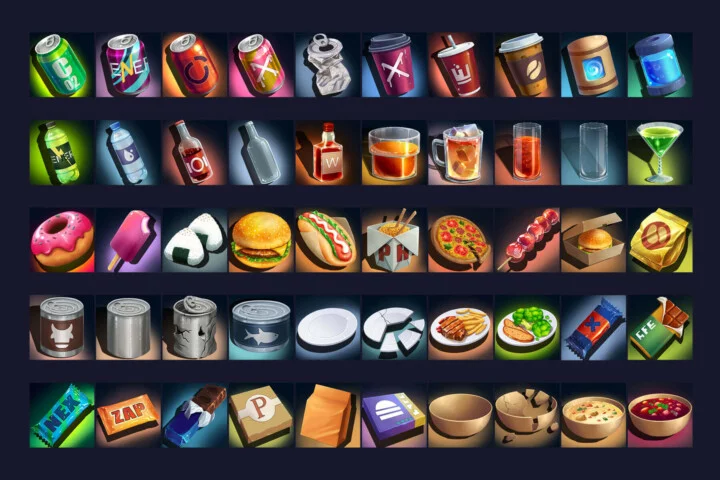 50个丰富多彩的高清2D赛博朋克风格食物图标素材