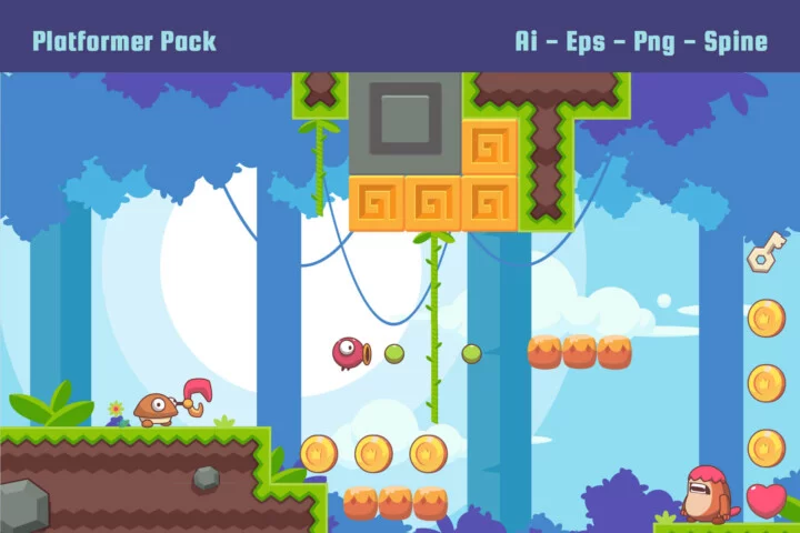 简单的卡通风格矢量2D平台游戏图块集素材