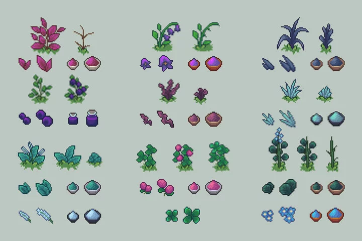 精美的像素钓鱼和采集游戏资源图标素材