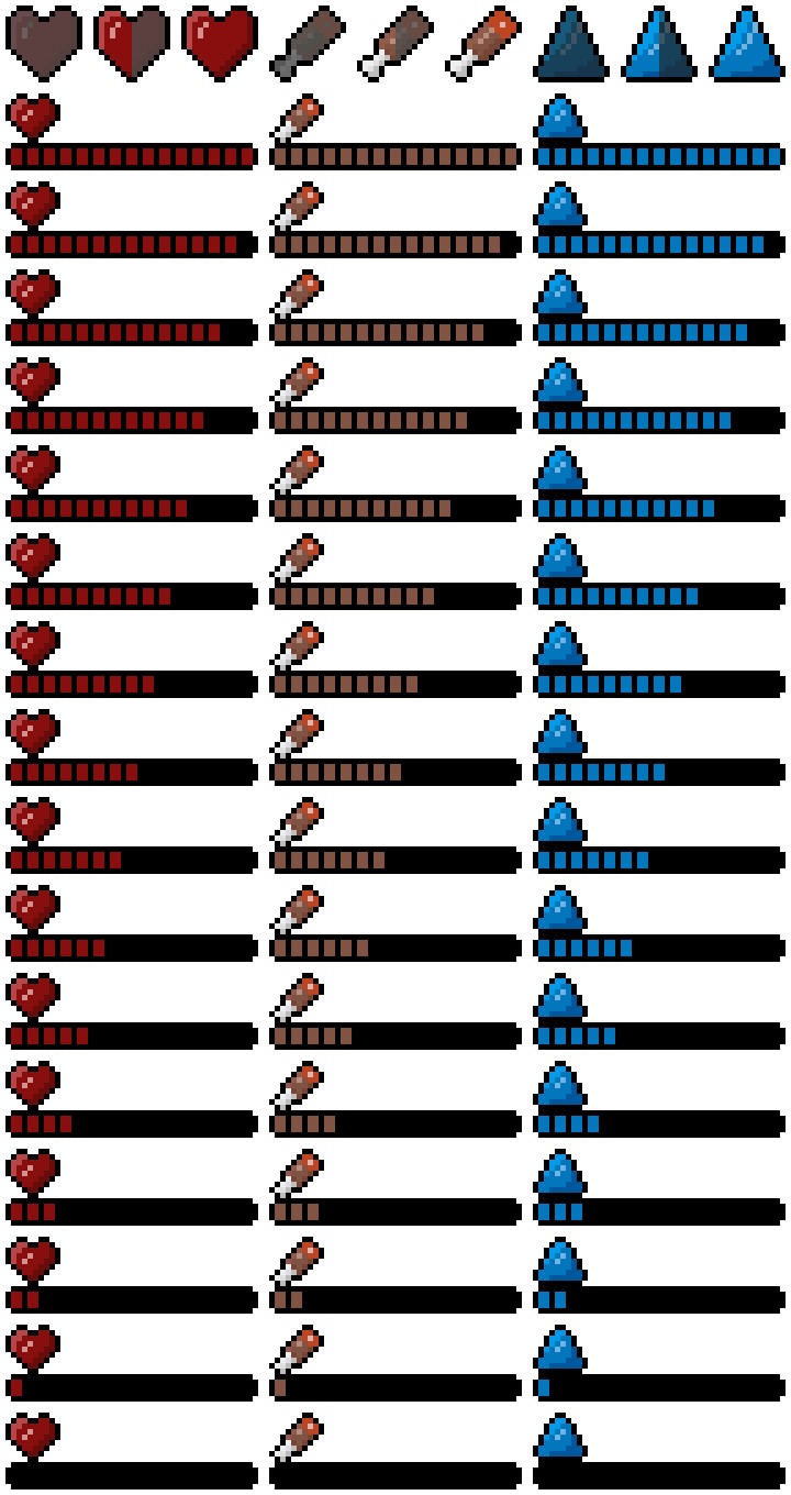 自定义的像素图形用户界面UI生命值、饥饿值和耐力条素材