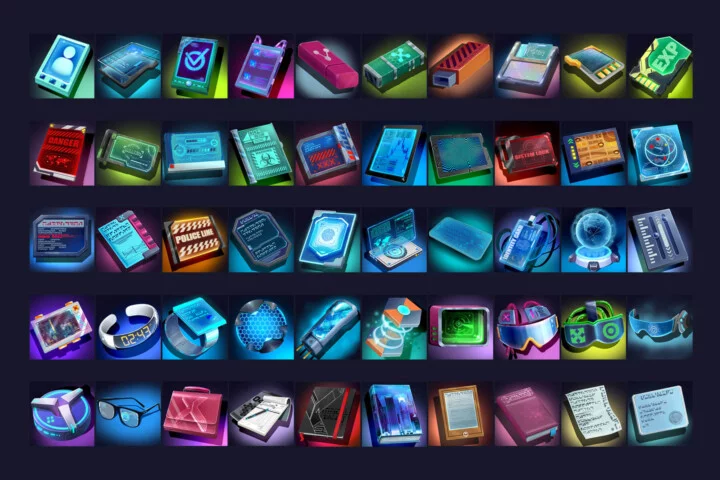 50个高清512*512的2D赛博朋克风格游戏装备图标素材