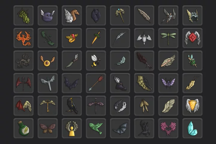 48个独特的矢量2D游戏翅膀战利品图标素材