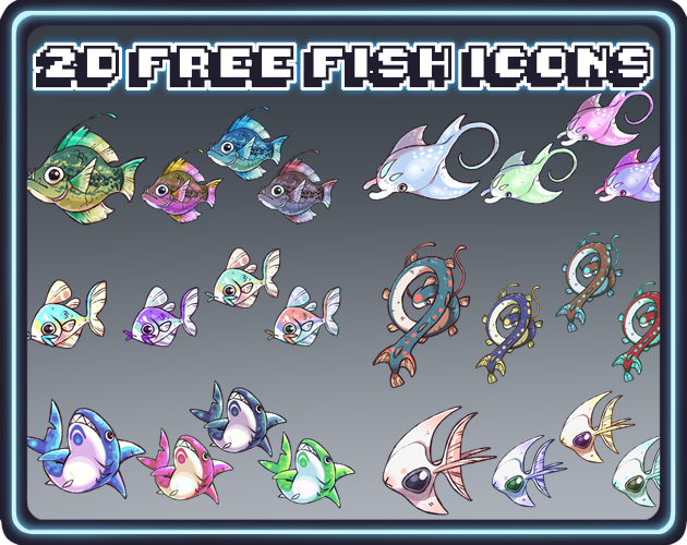 20个免费的彩色2D钓鱼游戏鱼类图标素材