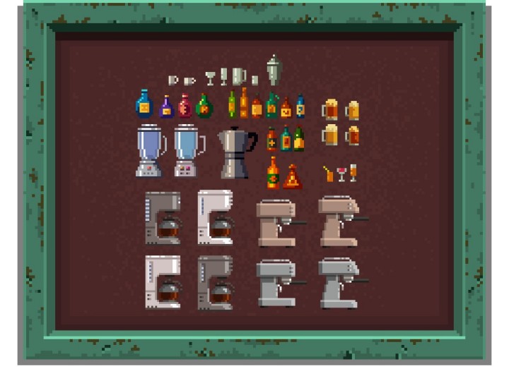 36个精美的像素艺术酒吧和咖啡馆物品素材