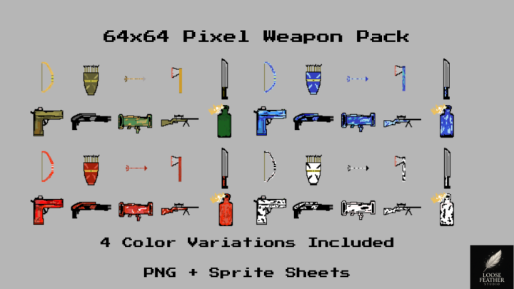 4种不同颜色的10种手绘像素武器素材