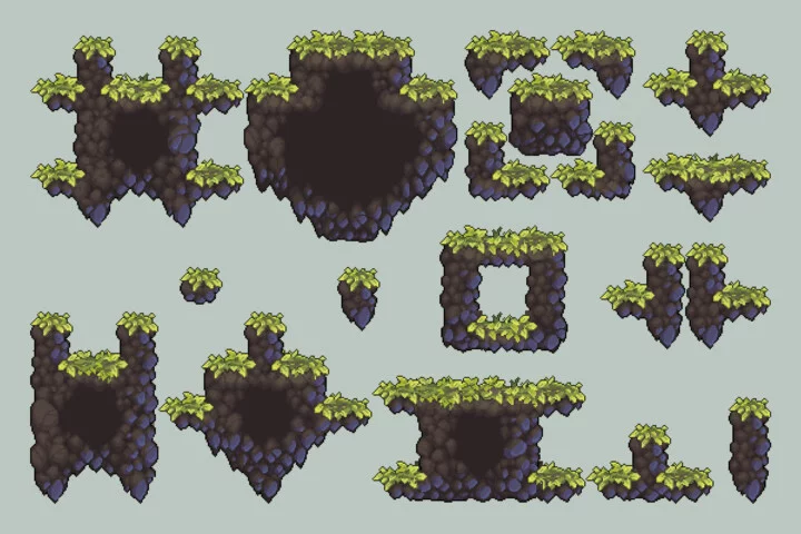 精美的横版冒险像素平台游戏图块集素材