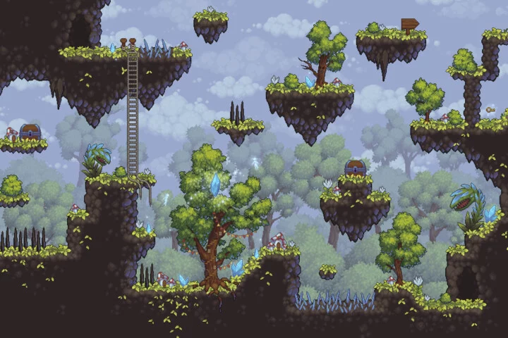 精美的横版冒险像素平台游戏图块集素材