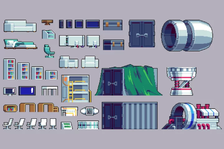 为科幻题材打造的32*32像素太空客轮图块集素材