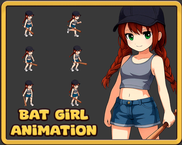 免费AI辅助生成的2D横版棒球棒女孩动画素材