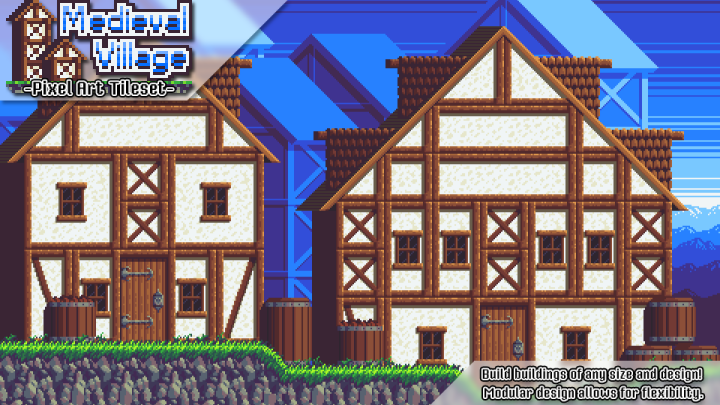 适合任何平台游戏或类银河战士恶魔城游戏的像素中世纪村庄图块集素材