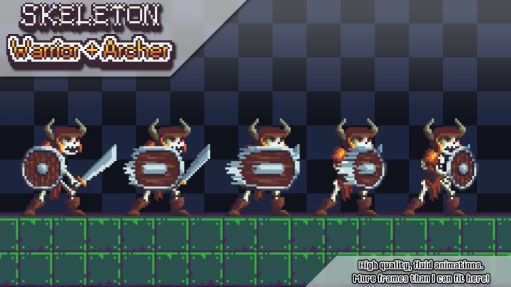 一组精美诡异的像素骷髅战士和弓箭手角色动画素材