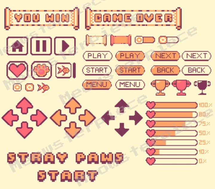 《流浪爪子》主题像素艺术用户界面UI元素素材