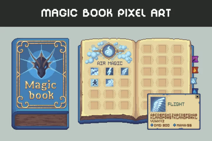 魔法书风格的像素游戏动画库存和UI素材