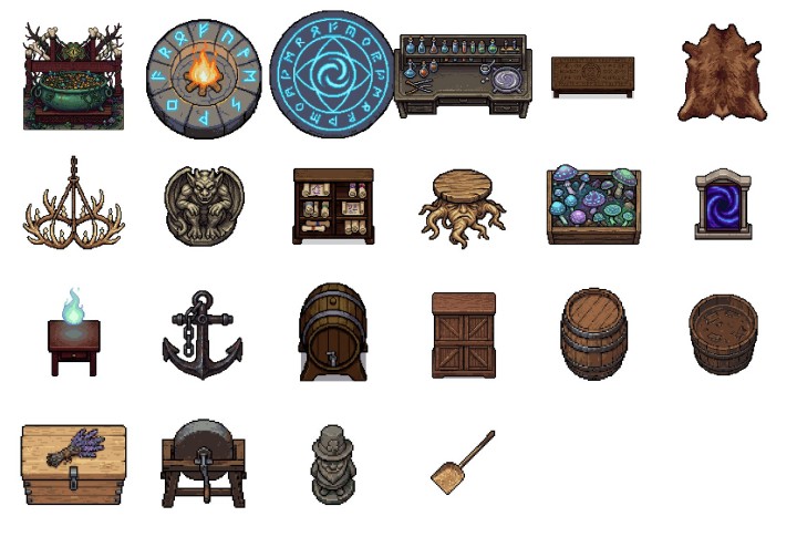 56个免费高质量的AI辅助生成像素奇幻建筑与道具素材