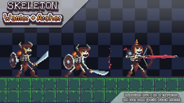 一组精美诡异的像素骷髅战士和弓箭手角色动画素材