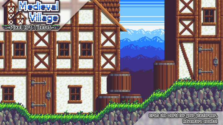 适合任何平台游戏或类银河战士恶魔城游戏的像素中世纪村庄图块集素材