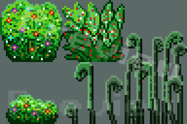 免费的像素化岩石、树木和灌木素材