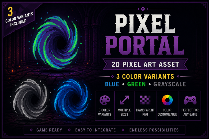 3种颜色的高品质像素动画传送门素材