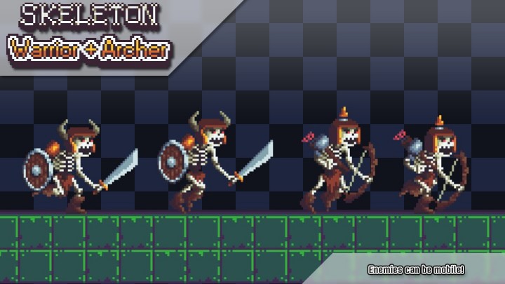 一组精美诡异的像素骷髅战士和弓箭手角色动画素材