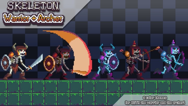 一组精美诡异的像素骷髅战士和弓箭手角色动画素材