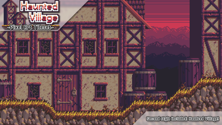 适合任何平台游戏或类银河战士恶魔城游戏的像素中世纪村庄图块集素材