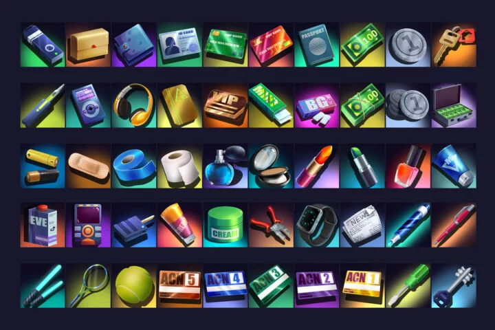 50个高分辨率2D赛博朋克游戏口袋物品图标素材