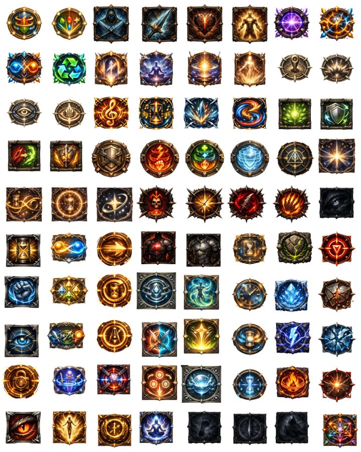 800+的AI辅助生成超大型RPG游戏技能图标素材