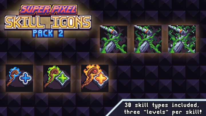 30个精美的32*32超级像素游戏技能图标和HUD素材