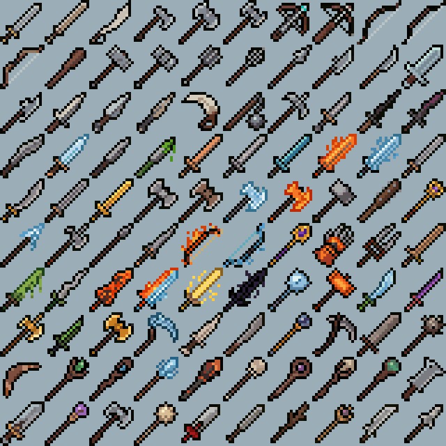 100个精美16*16的像素RPG游戏武器图标素材