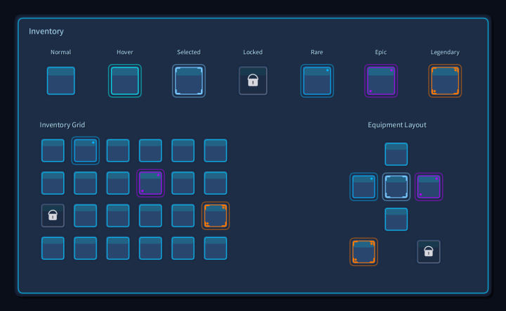 免费的AI辅助生成科幻风格2D物品栏库存UI素材