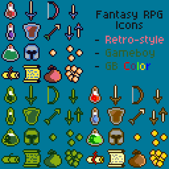 一套简单的像素奇幻角色扮演游戏的基本图标素材