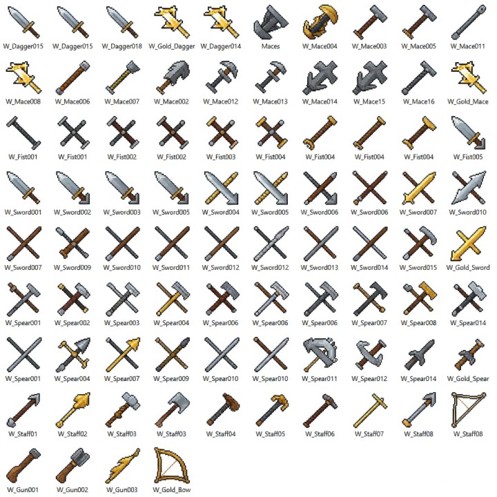 496款中世纪奇幻像素艺术武器图标素材