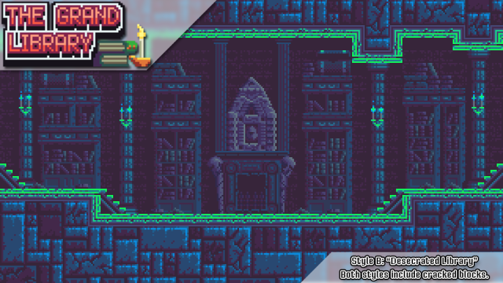 恶魔城风格的像素风横版卷轴游戏宏伟图书馆图块集素材