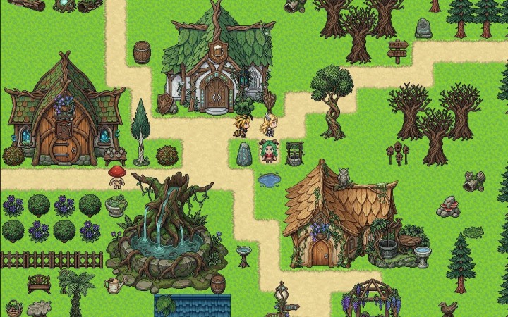 一系列免费的像素精灵森林房屋和户外装饰素材